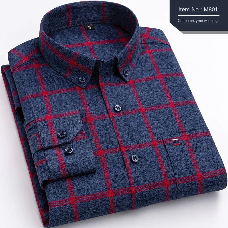 Pure Cotton Men's Plaid Shirt Long Sleeve Regular Fit Men Casual Oversized Shirt Leisure Autumn Male Blouse New Plus Size