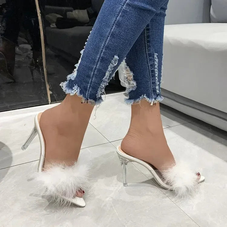 New Slippers Hairy Transparent Fashion Sexy Pointed High Heels Ladies Slide Mules Women Shoes