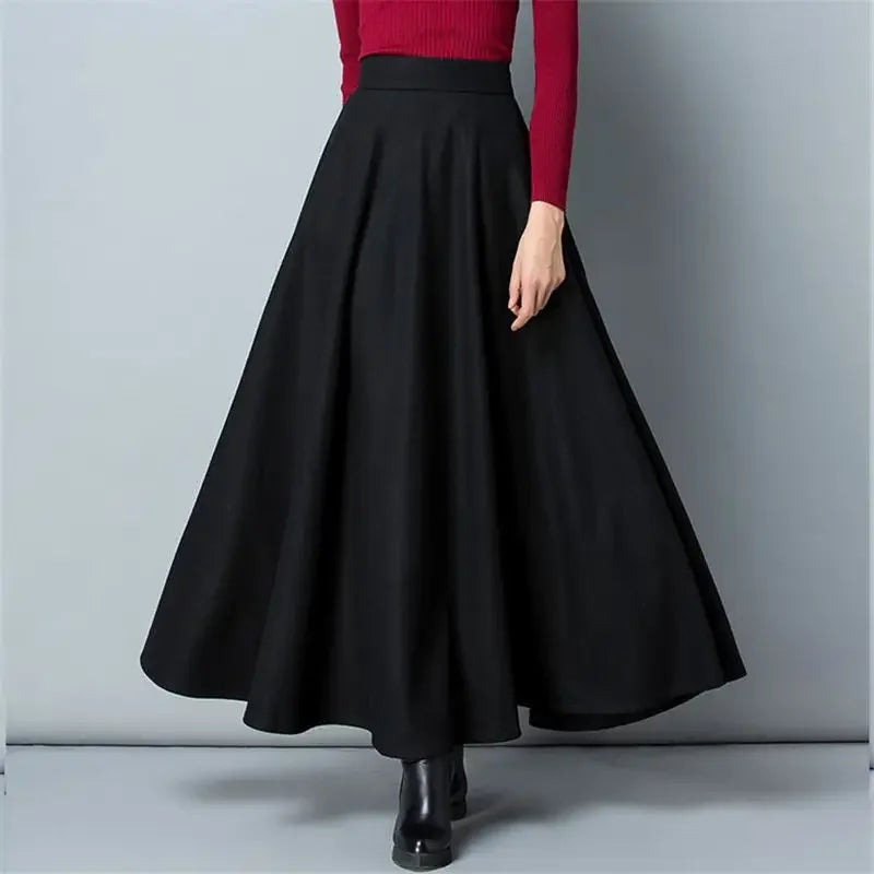 Winter Women Long Woolen Skirt Fashion High Waist Basic Wool Skirts Female Casual Thick Warm Elastic A-Line Maxi Skirts