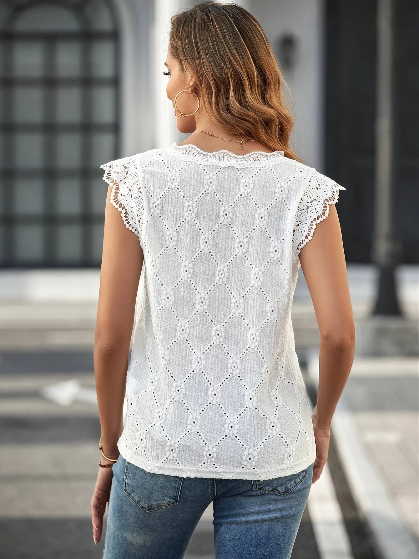 European and American women's summer lace lace short sleeve embroidered casual T-shirt round neck short sleeve puffy sleeve top