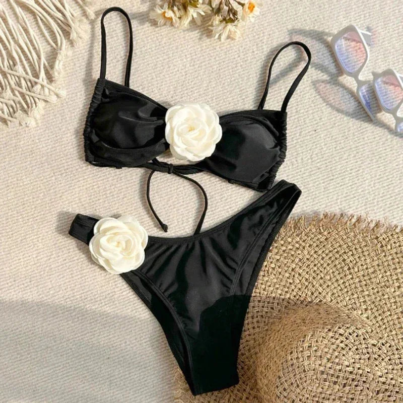 Sexy Flower Bandeau Swimwear Thong Bikini Women Lace-up Swimsuit Swimming Bathing Suit Brazilian Bikinis Sets Mujer Biquini