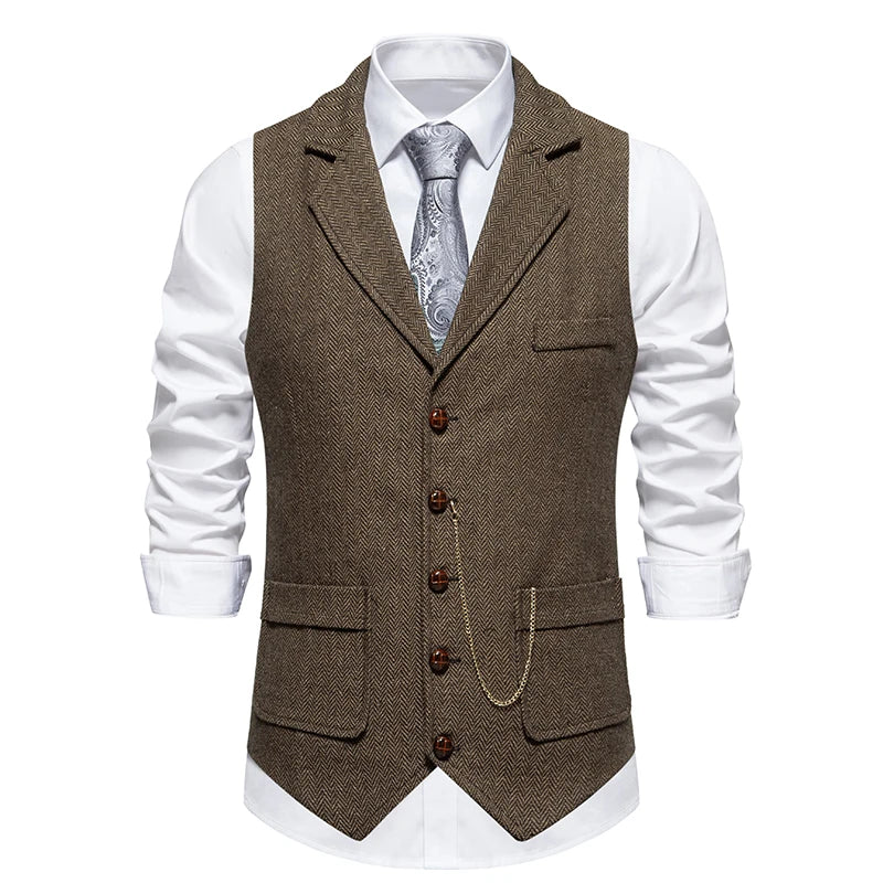 Men's Retro Lapel Chain Vest Fashion Herringbone Coarse Tweed Pockets Suit Vest British Casual Vintage Gentleman Leisure Party