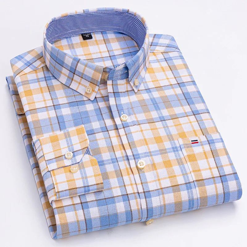 Men's 100% Cotton Shirt Long Sleeve Plaid Oxford Casual Solid Color Print Regular Fit Formal Dress Shirt