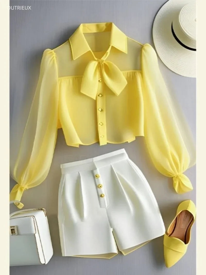 Chiffon Yellow Lapel Neck Perspective Top OL Shirt White Casual Pants Sets 2 Piece Womens Outfits Spring Summer Suit Blouse