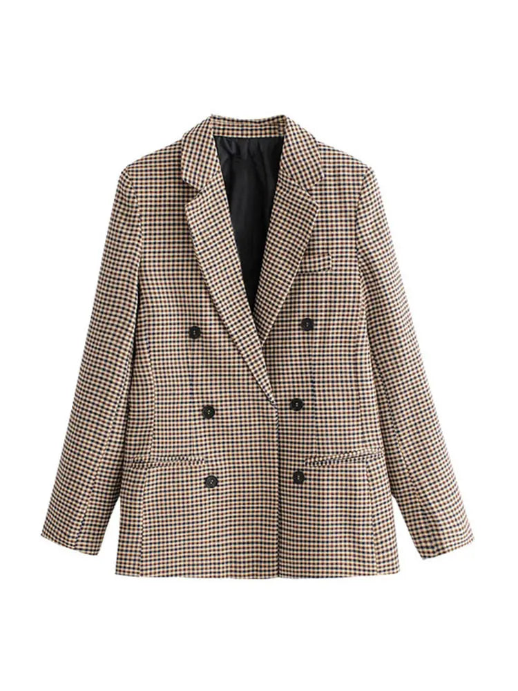 KPYTOMOA Women Fashion Office Wear Double Breasted Check Blazers Coat Vintage Long Sleeve Pockets Female Outerwear Chic Tops