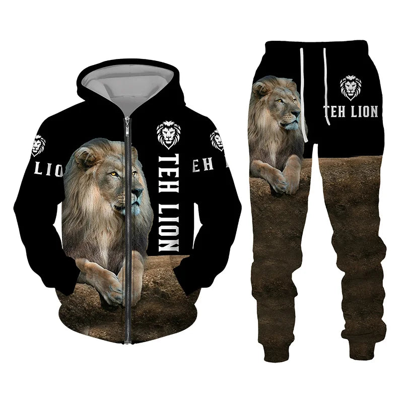 Autumn and Winter Men's Tracksuit 3D The Lion Print Zipper Hoodies Sweatshirts Pants Sets Casual Mens Clothing Women's Tracksuit