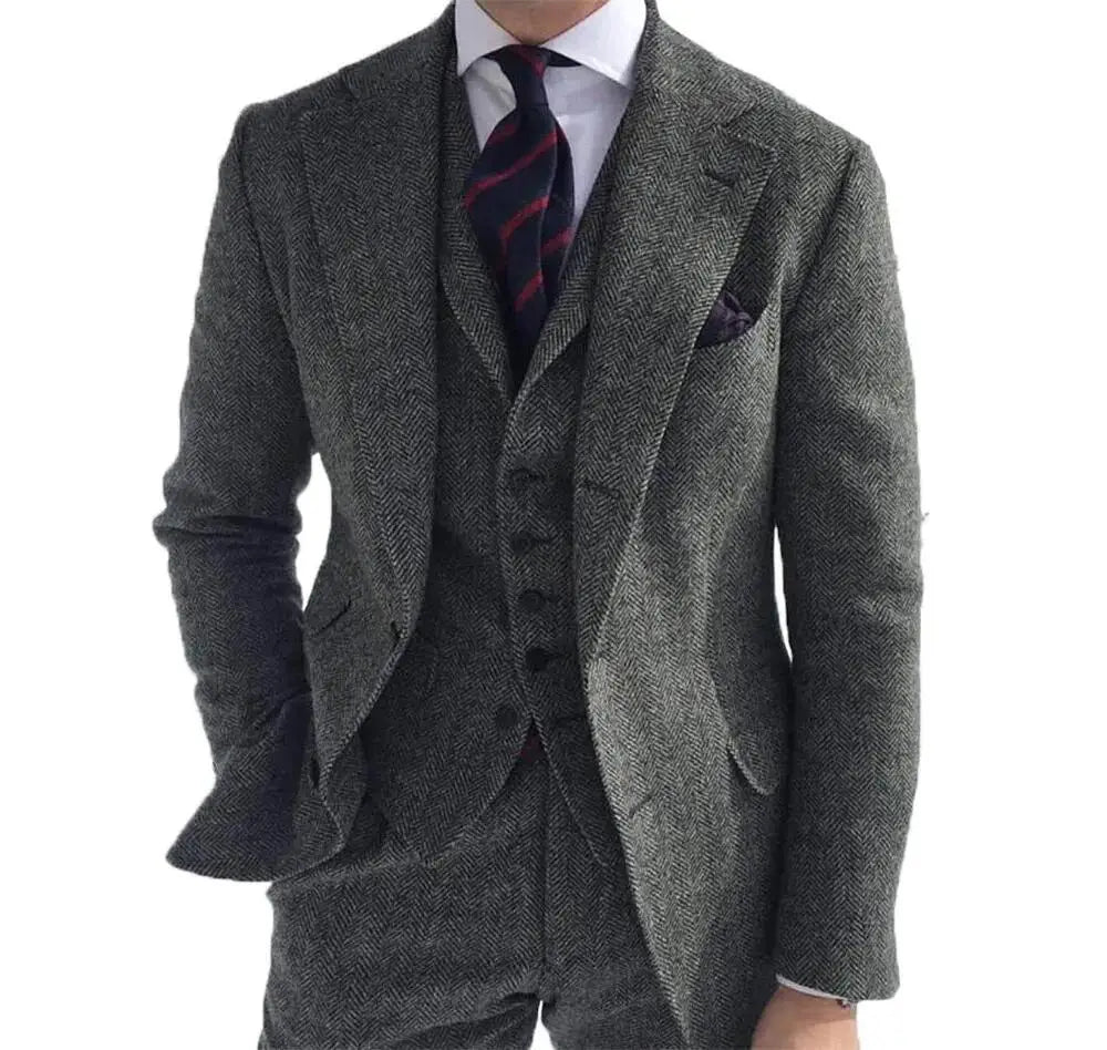 Gray Wool Tweed Winter Suit for Men Herringbone Slim Fit Formal Groom Tuxedo 3 Piece Wedding Male Suits (Jacket+Vest+Pants)