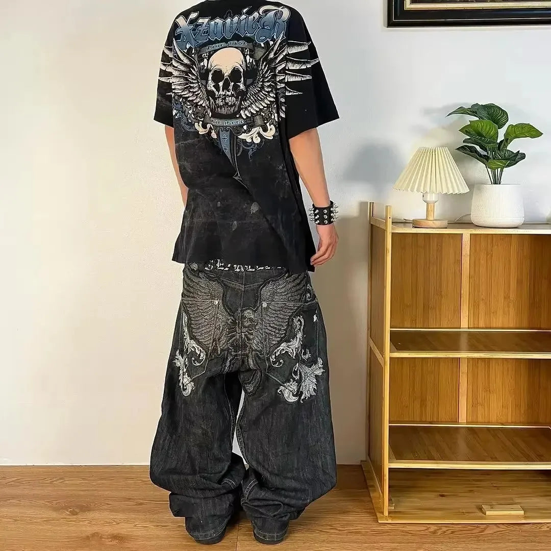 New American Harajuku retro skull print straight high waist Y2K women's washed grey jeans Streetwear Gothic wide trousers