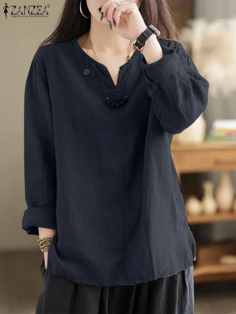 Vintage Women's Blouse Autumn Long Sleeve Shirt Female V Neck Work Holiday Blusas Casual Solid Loose Shirt Cotton Chemise