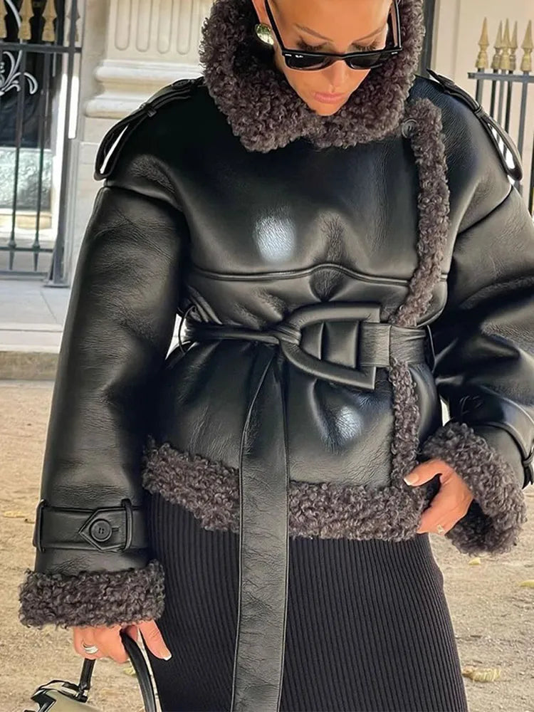 Women Black Lamb Wool Patchwork Leather Overcoat Fashion Lapel High Waist Pockets Jacket With Belt Winter Lady Street Warm Coats