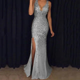 2024 Autumn Winter New European American Cross-border Amazon Side Slit Gold-embellished Long Evening Dress Sleeveless