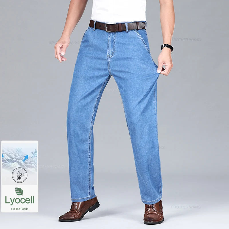 Lyocell Ice Silk Summer Thin Jeans Men's Classic High Waist Drape Loose Straight Denim Pants Business Casual Smoke Gray Trousers