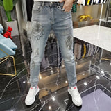 Black Jeans For Men Fashion High Street Slim Printing Denim Man Pants Autumn Stretchy Casual Biker High Quality Men's Clothing