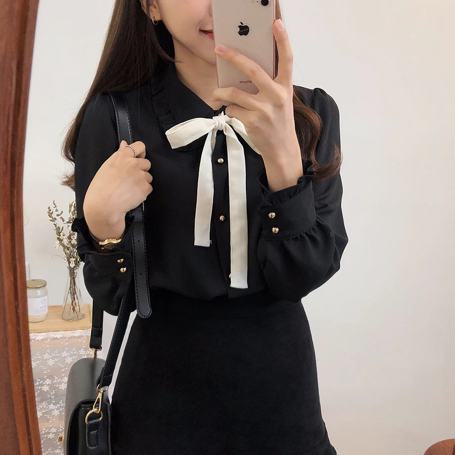 Hot Sales Women's Cute Sweet Girls Vintage Black White Lace-Up Ruffled Ribbon Tops Button Elegant Formal Shirts Blouses