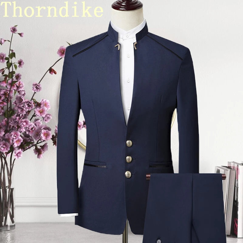 Thorndike Men Suit Chinese Style Stand Collar Blazer Male Wedding Groom Slim Fit Standerd Size Blazer Set Tuxedo(Jacket+Pant)