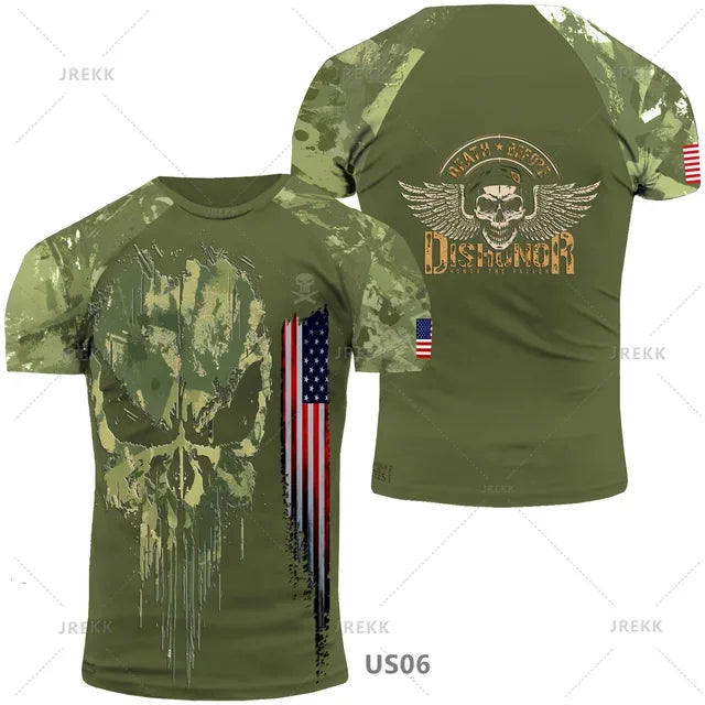 USA Army US Veteran T Shirt for Men Clothing Combat Military Camouflage T-Shirt 3D Skull Printed Short Sleeve Olive Beige Tshirt