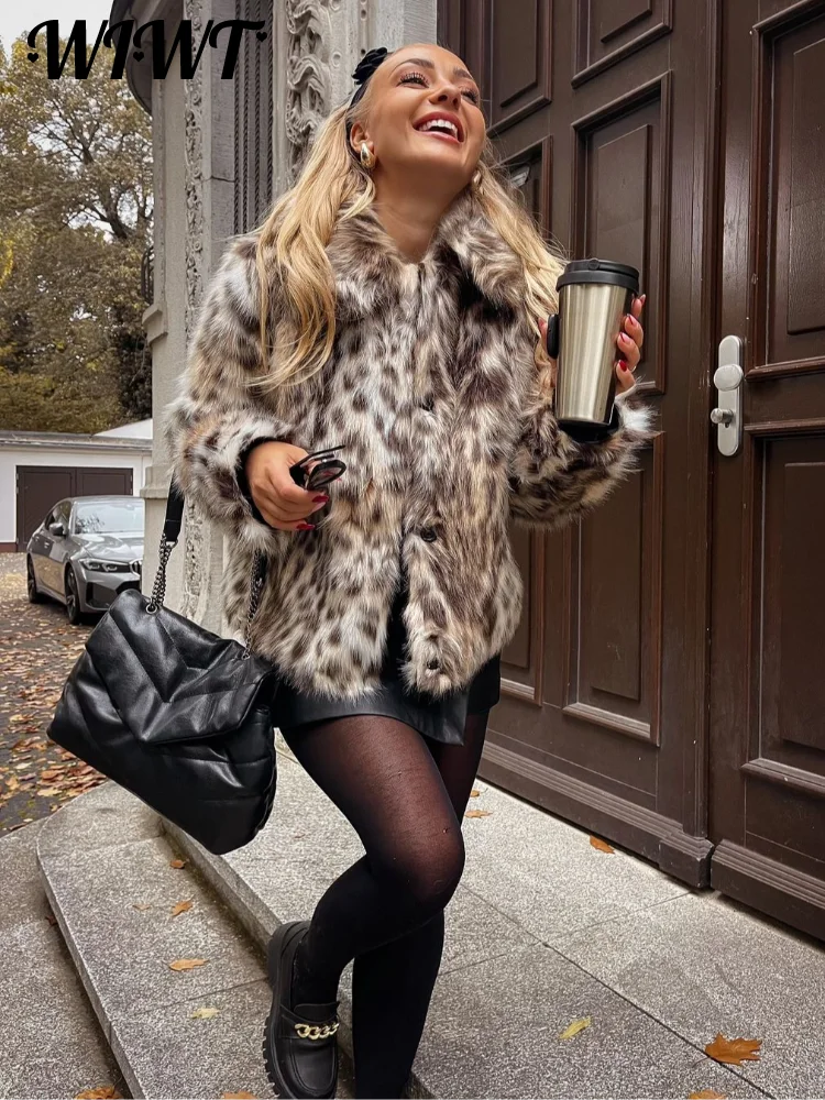 Fashion Leopard Faux Fur Coat Women Casual Lapel Single Breasted Plush Warm Overcoat 2024 Winter New Lady Cozy Print Streetwear