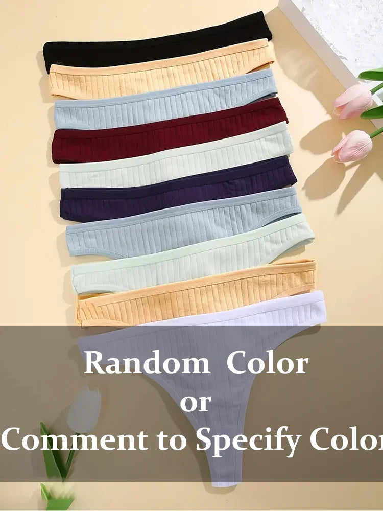 6Pcs/Set Women Cotton Thongs Panties Female Ribbed Low Rise G-String Ladies Sexy Bikini 7 Solid Color Girl Soft S-XL Intimates