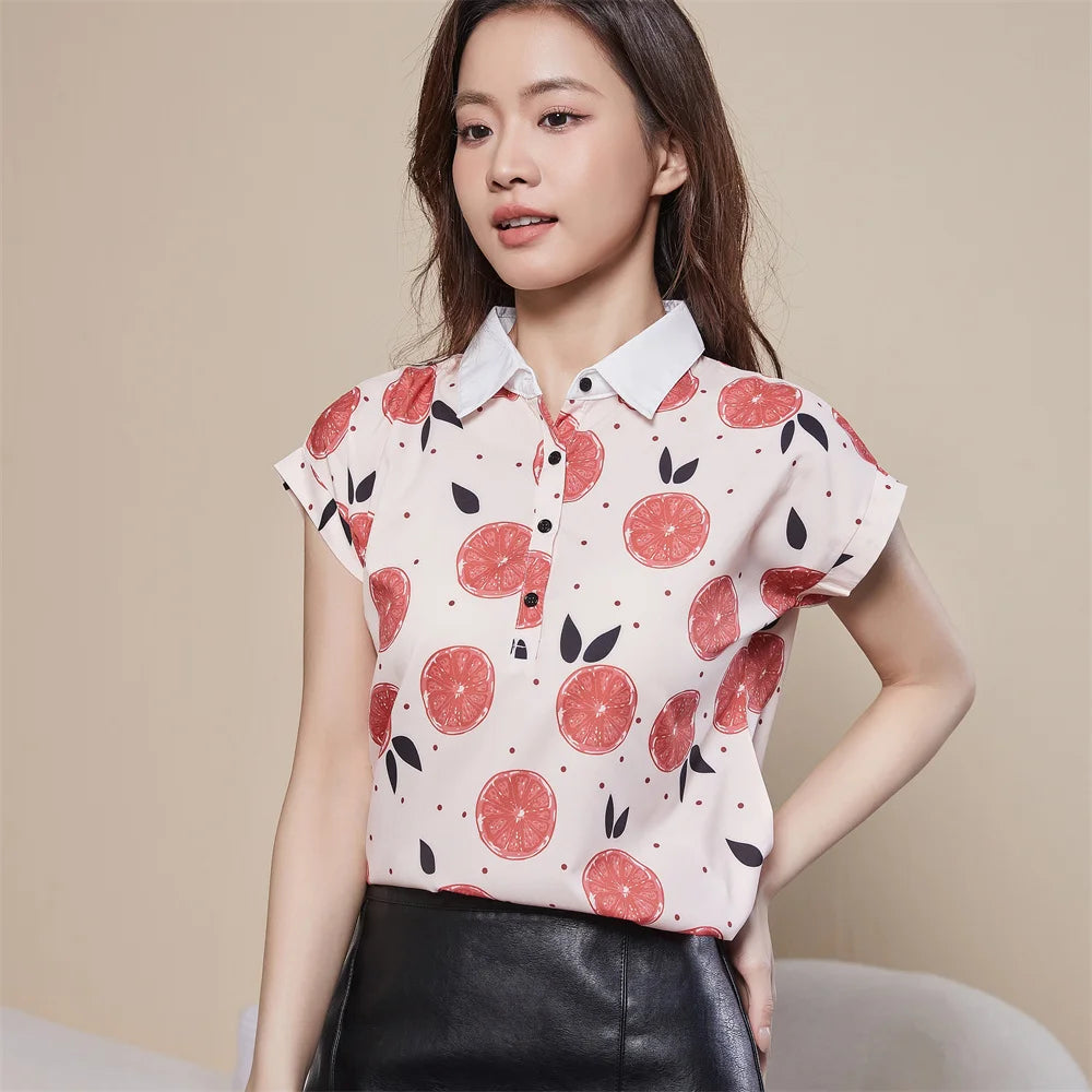 Women's Spring Summer Style Chiffon Blouses Shirt Lady Casual Short Sleeve Turn-down Collar Printed Casual Loose Tops