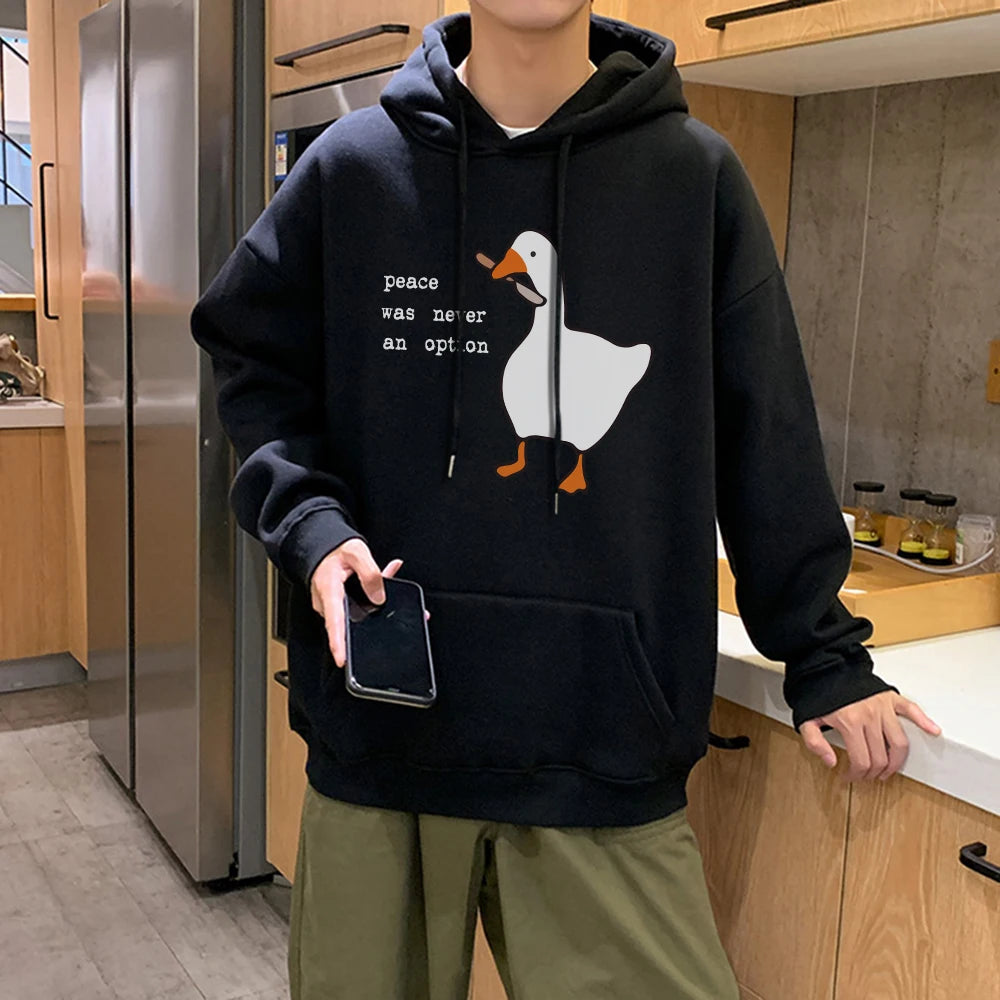 Peace Was Never An Option Goose Printing Mens Hoodies Cute Casual Pullover Creativity Pocket Warm Pullovers Fashion Male Hoody