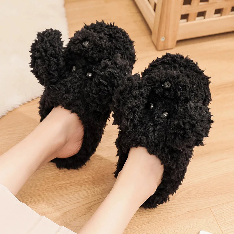 Comwarm Cute Dog Short Plush Slippers For Women Winter Warm Furry Cotton Shoes Couples Home Indoor Bedroom Cozy Slippers