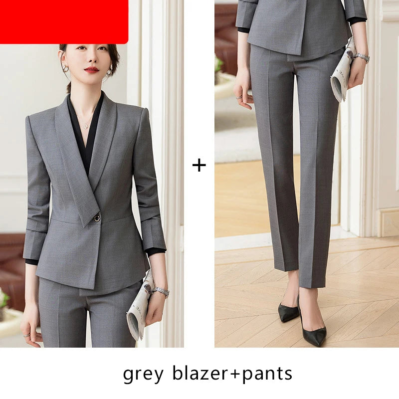 Formal Work Pants Suits Women New Korean Office Ladies Solid Slim Long Sleeve Blazer Pencil Pants Two Piece Set