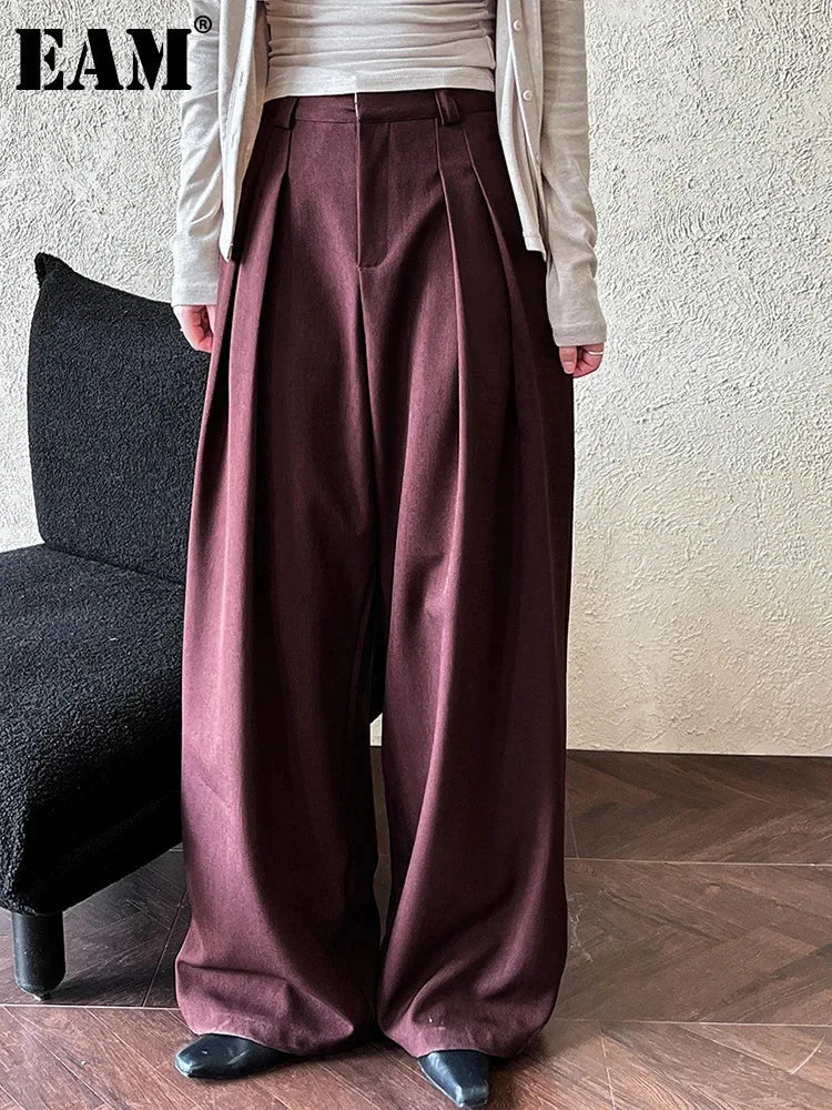 High Waist Wine Red Brief Pleated Long Wide Leg Elegant Pants New Trousers Women Fashion Tide Spring Autumn