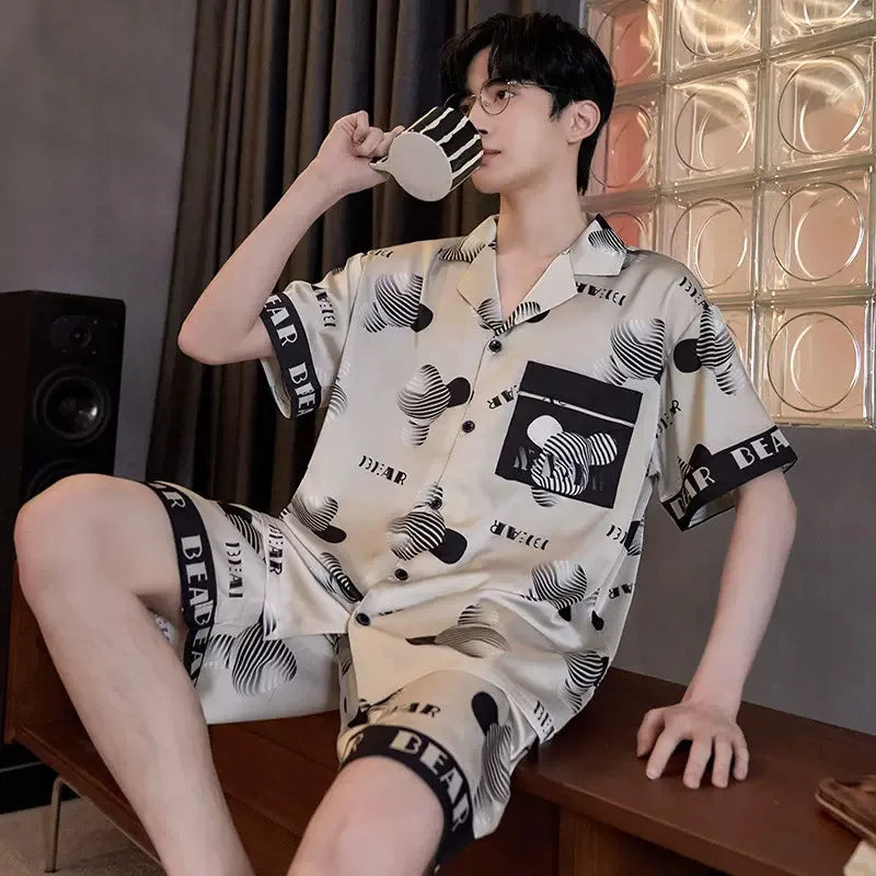 Men's Two-Piece Pajamas Summer New Ice Silk Men's Pajamas Short-Sleeved Shorts Thin Section Of The Student Teenage Homewear Suit