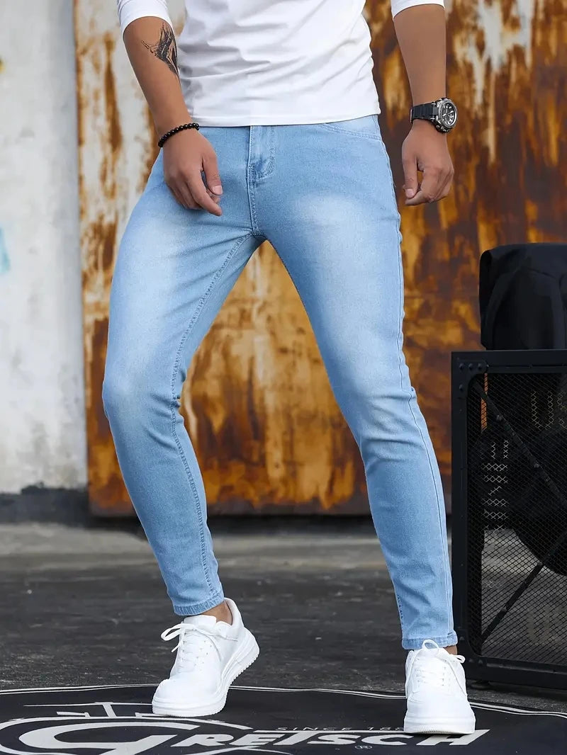 Man Pants Retro Washing Zipper Stretch Jeans Casual Slim Fit Trousers Male Plus Size Pencil Pants Denim Skinny Jeans for Men