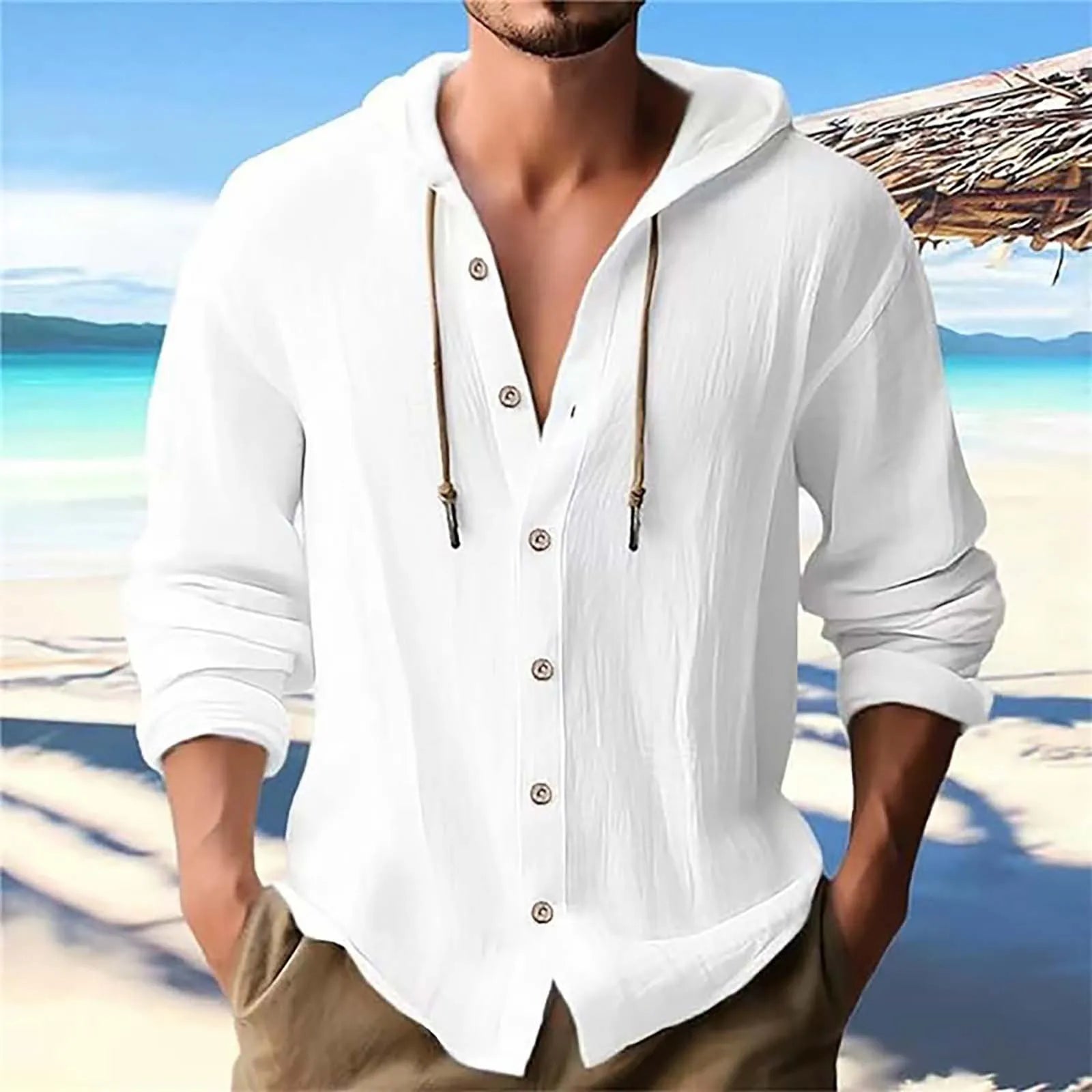 Men's Solid Color Casual Long Sleeved Shirt With Hood And Drawstring Cotton And Linen Cardigan Fashionable Daily Versatile Top