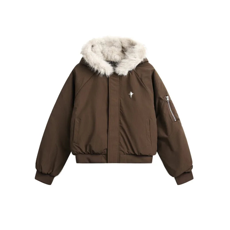 Winter Warm Fur Collar Hooded Quilted Padded Jacket Trend New Brown Loose Causal Short Style Cotton-padded Coat