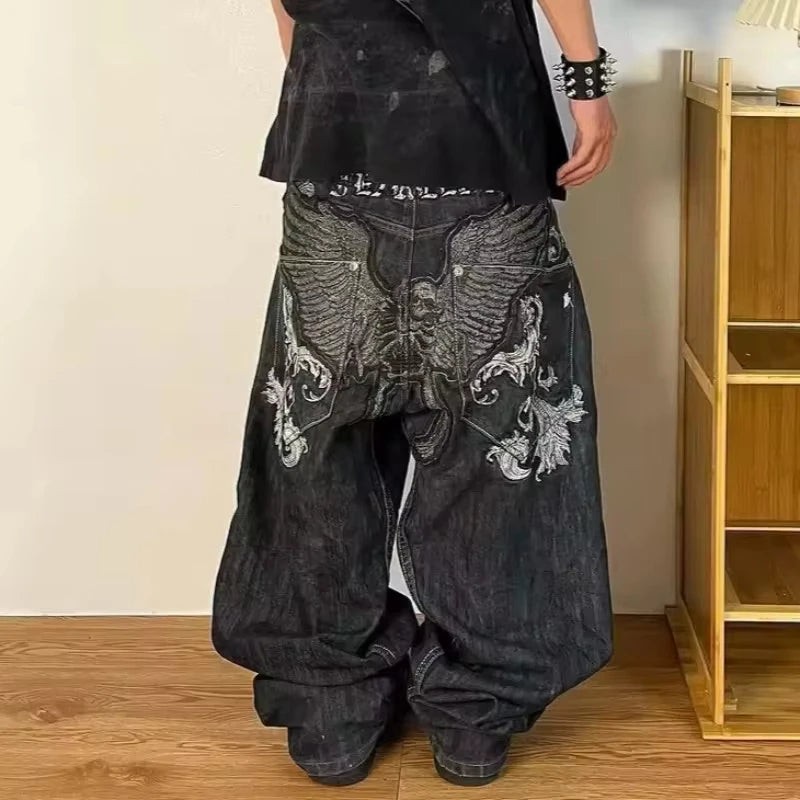 American Hip Hop Retro Gothic Print Jeans Women Y2K New Street Selling Fashion Loose Straight Wide Leg Pants Unisex Joker Jeans