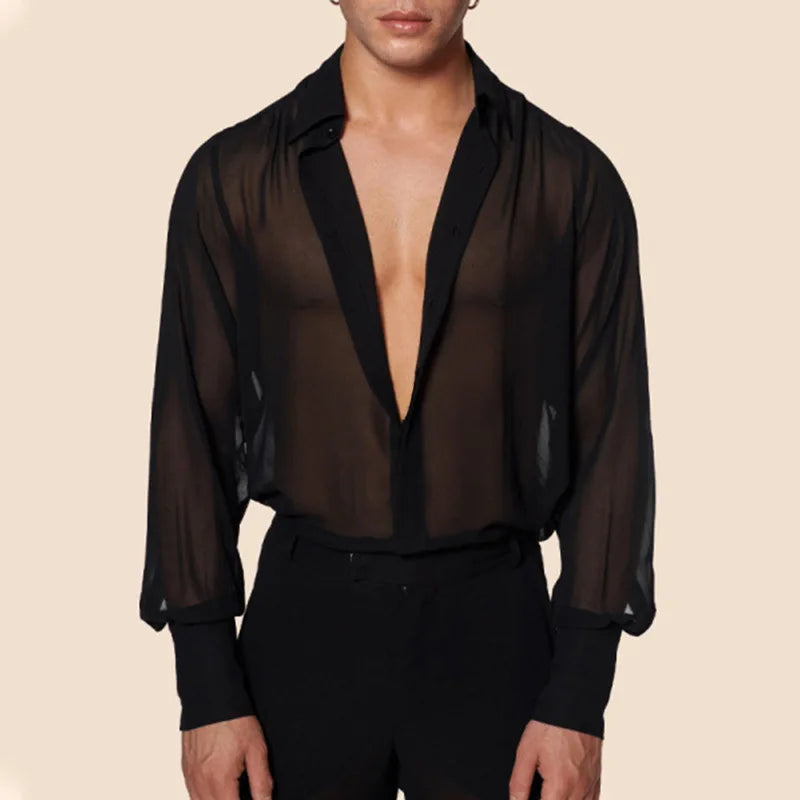 Men's Clothing Mesh See Through Mesh Sexy Long Sleeve Shirt Solid Color Button-down Vintage Streetwear Retro Party Tops S-XL