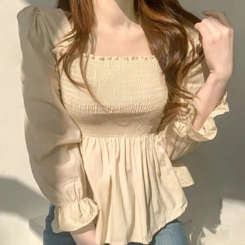 Elegant Long Sleeve Pleated White Women's Blouse Office Lady Fashion Sweet Square Neck Shirt New Casual Elastic Slim Tops