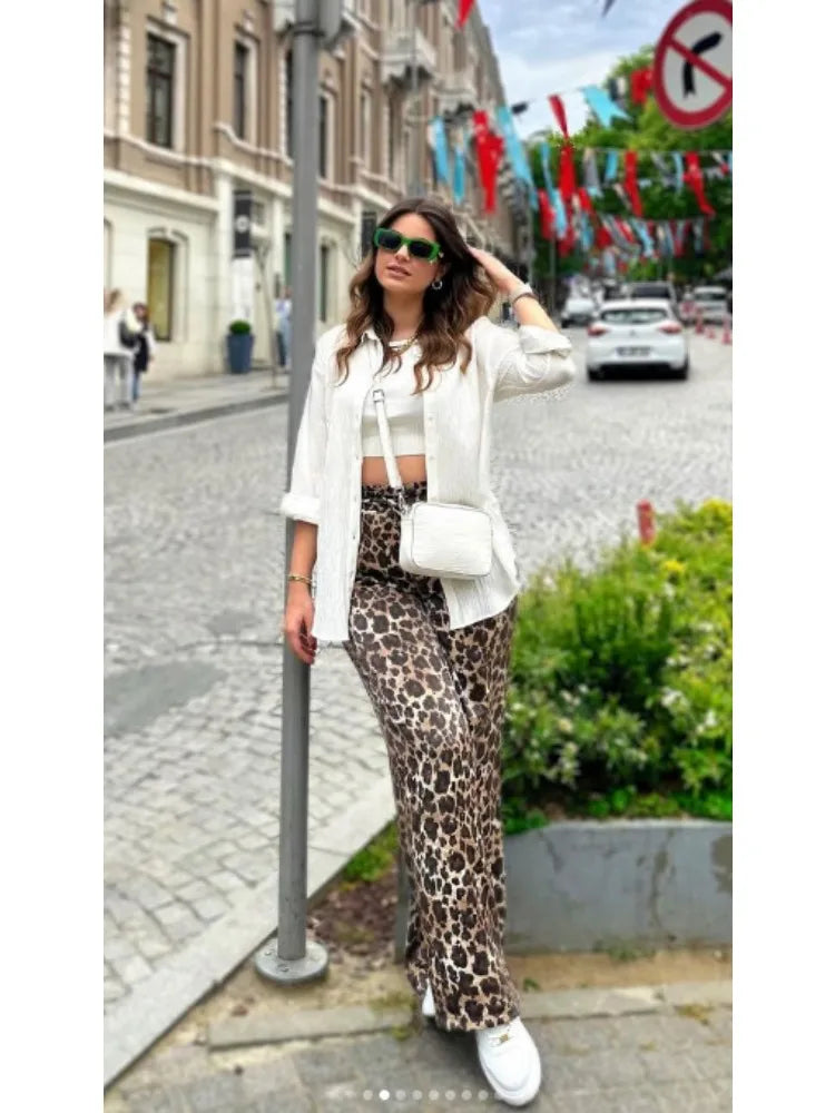 Women's Fashion and Casual Versatile Animal Print Straight Leg Pants Decorated Street Trousers Women's Slim Fit Zipper Trousers