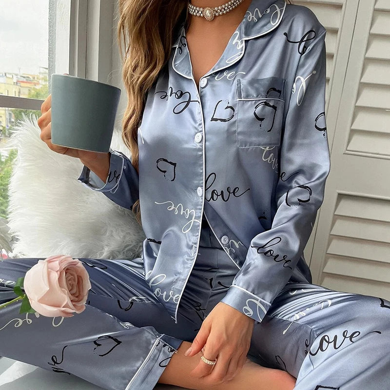 Spring Autumn pajama women Silk Satin pajamas set Long sleeve Shirt with Trouser Sleepwear Loungewear Female Pyjamas Suits Mujer