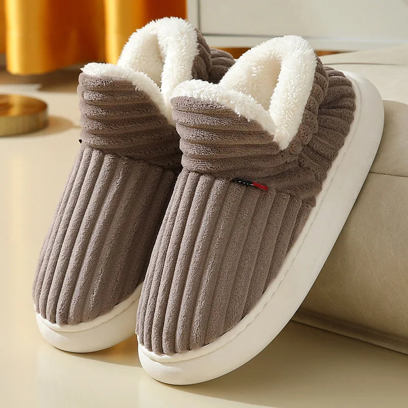 Fashion Couple Winter Warm Plush Slippers Thick Sole Non Slip Casual Cotton Shoes Woman Corduroy Soft Indoor Home Slippers