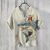 Henry men's casual fashion outdoor seaside men's tops T-shirt V-neck linen  new plus size