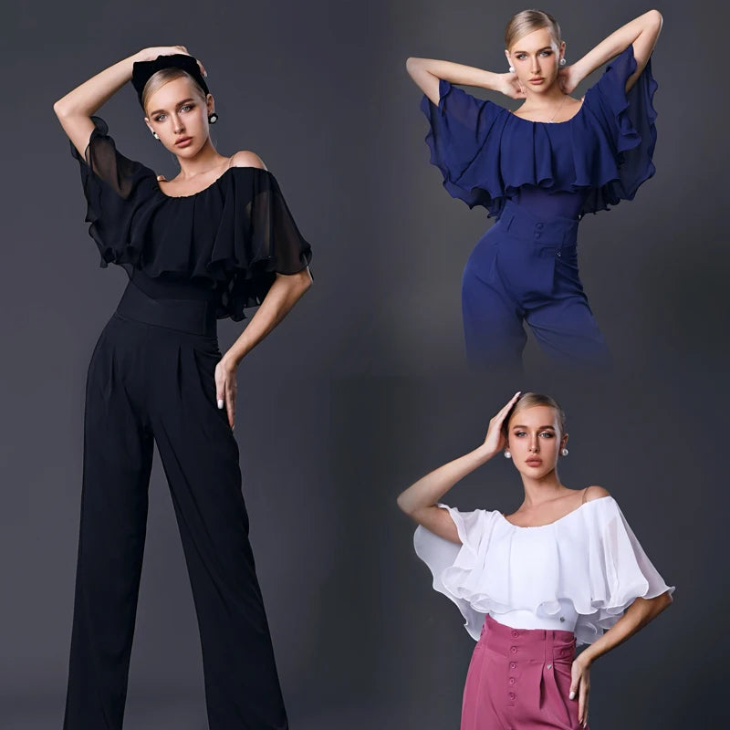 Ruffled Floating Sleeves Modern Dancing Top Women Latin Dance Top Waltz Ballroom Dance Competition Tops Practice Wear