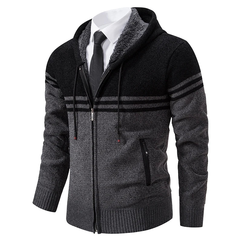 Men's New Winter Sweater Thick Fleece Warm Sweater Casual Stand Collar Zipper Cardigan Fashion Striped Coat