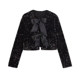 TRAF-Women's Long Sleeve Sequined Cropped Jacket, O Neck Coat, Female Outerwear, Chic Tops, Bow Tied