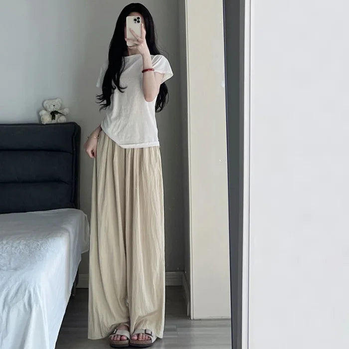 Ice Silk Wide-leg Pants for Women in Summer Thin High Waist Drape Loose Lazy Style Large Size Straight Casual Women's Pants