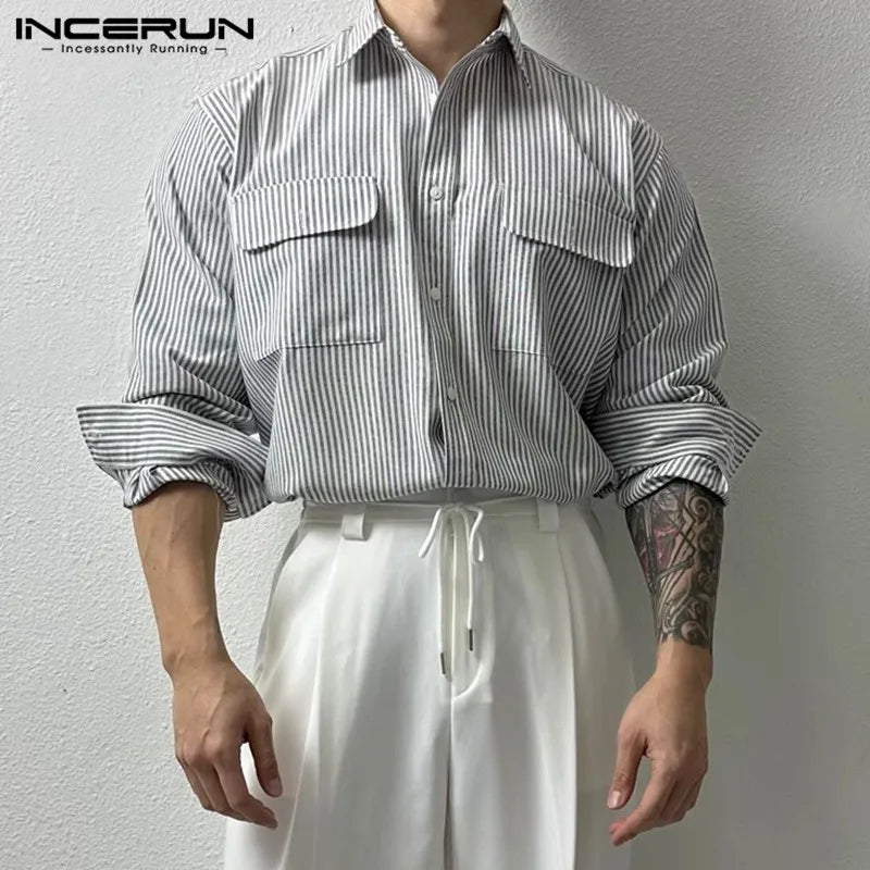 INCERUN Tops Korean Style Men Double Pocket Design Striped Shirt Stylish Solid Well Fitting Lapel Long Sleeved Blouse S-5XL