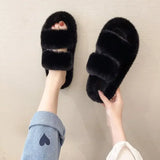 Fashion One Word Thick Fur Slippers Double Fur Slippers Casual Home Cotton Shoes for Women Flat Plush Cross Straps Slippers