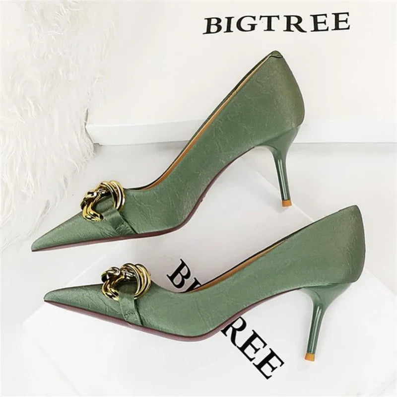 BIGTREE Women's Fashion Nude Metal Buckle Pumps High-Heels Sexy Party Stilettos Heels Office Spring Shoes