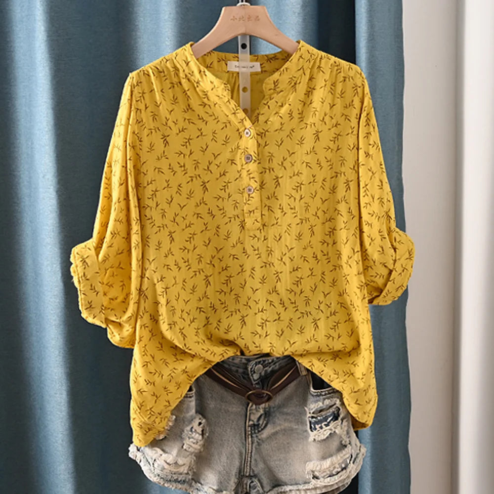 New Spring 100% Cotton Casual Shirt Women Batwing Sleeve Stand Collar Printed Top Girl OL Loose Blouses