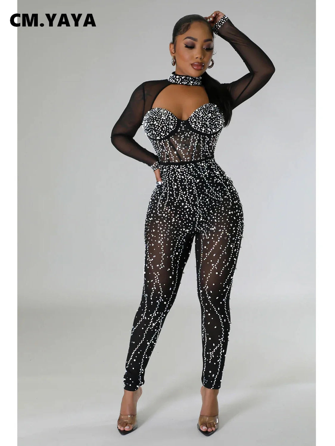 CM.YAYA Women Mesh See Though Diamond Hot Rhinestones Long Sleeve Jumpsuit 2024 Chic Sexy Party One Piece Suit Romper Playsuit