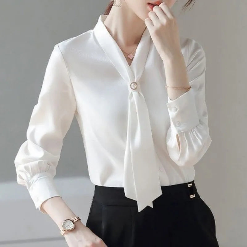 Women's Spring Autumn Style Blouses Shirts Lady Casual Long Sleeve Bow Tie Collar Blusas Tops