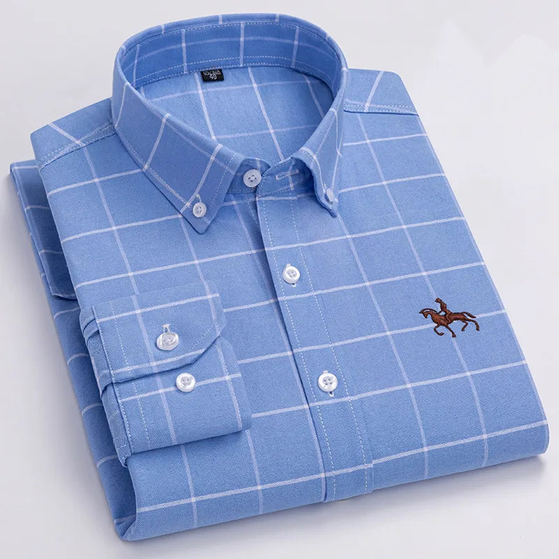 100% Cotton Oxford Shirt Men's Long Sleeve Embroidered Horse Casual Without Pocket