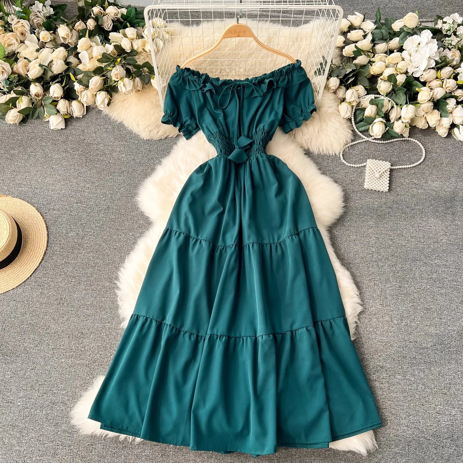 YuooMuoo Summer Vacation Slim Elastic Waist Long Dress Women Elegant Off Shoulders Big Swing Maxi Beach Dress Party Robe Femme